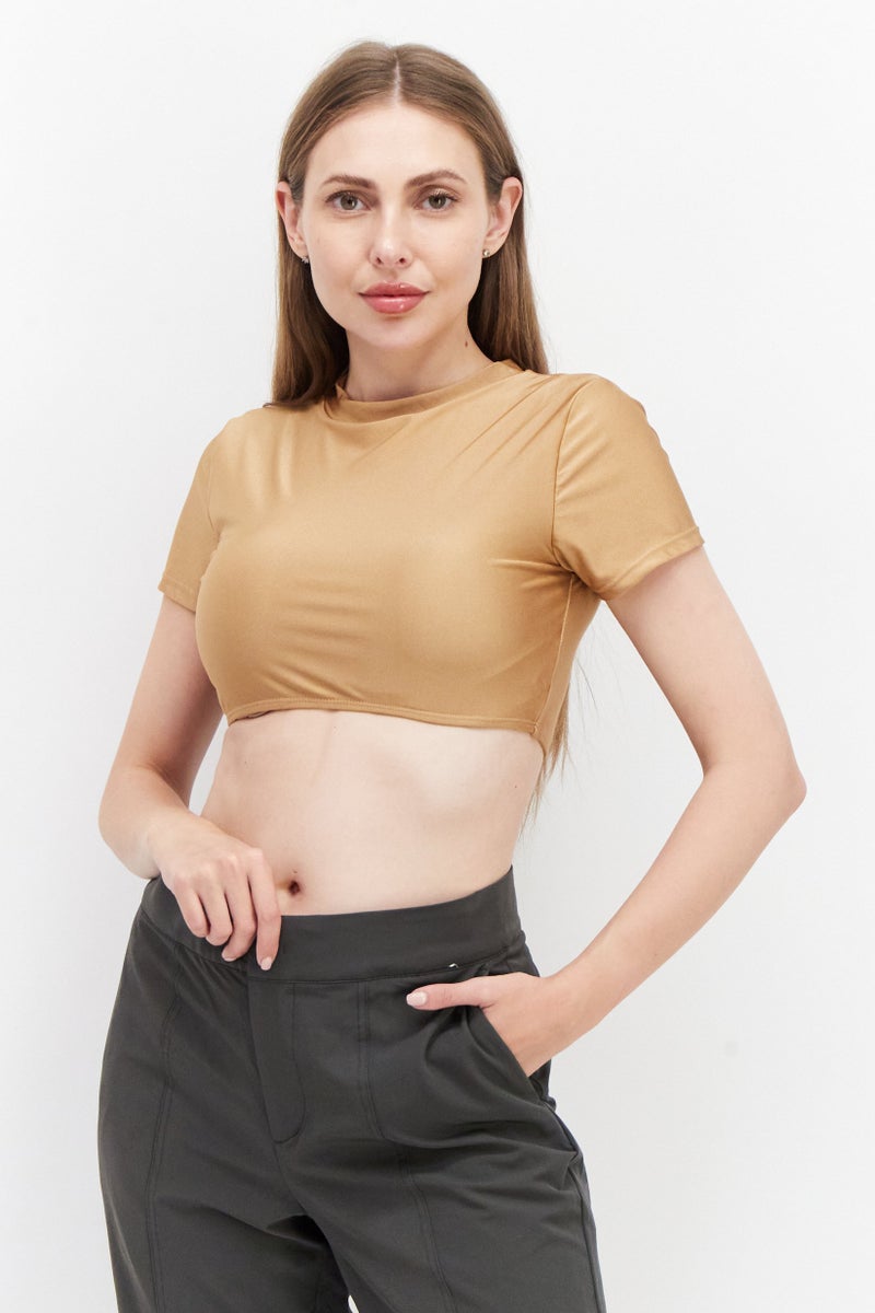 PUBLIC DESIRE Women Round Neck Short Sleeve Plain Crop Top, Tan - Image 1