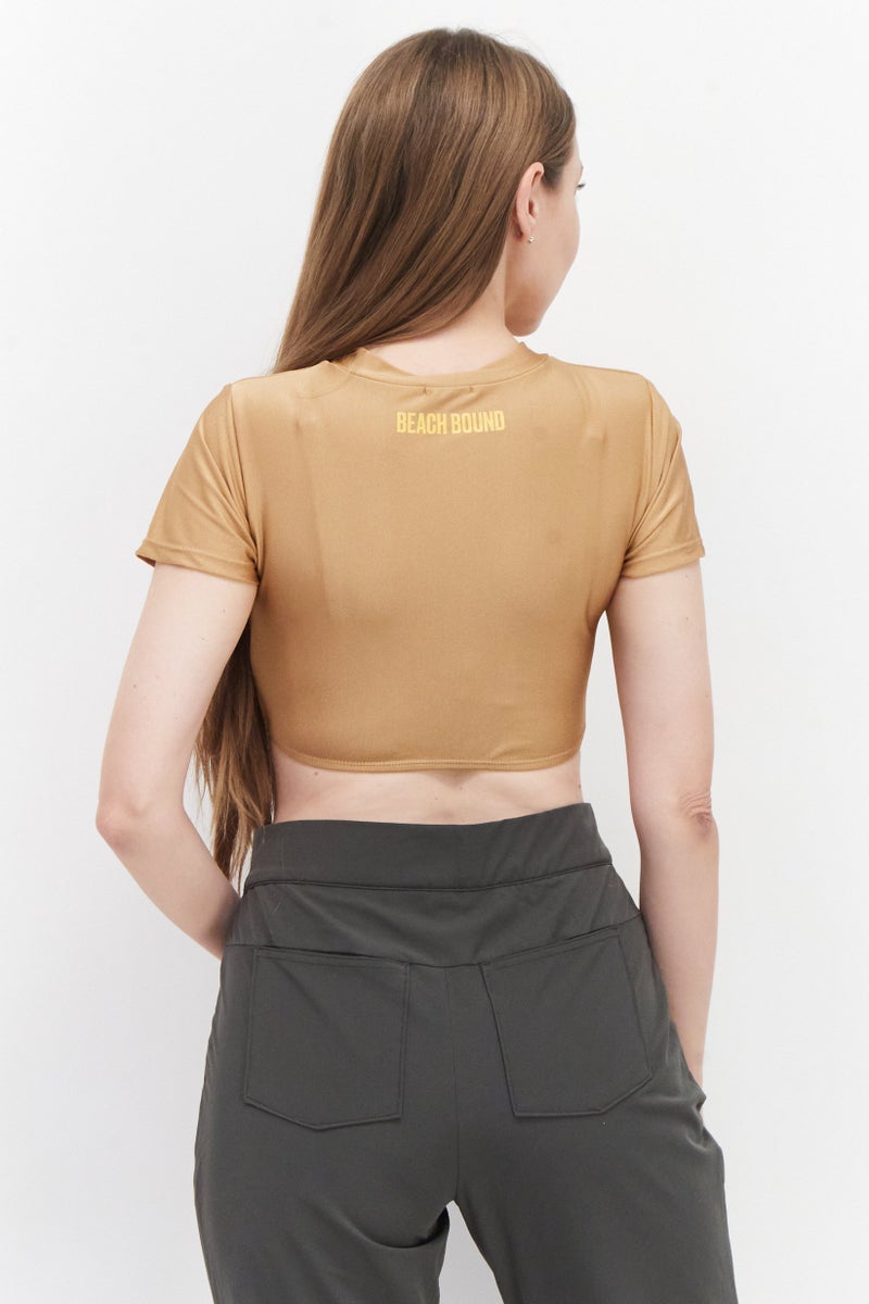 PUBLIC DESIRE Women Round Neck Short Sleeve Plain Crop Top, Tan - Image 3