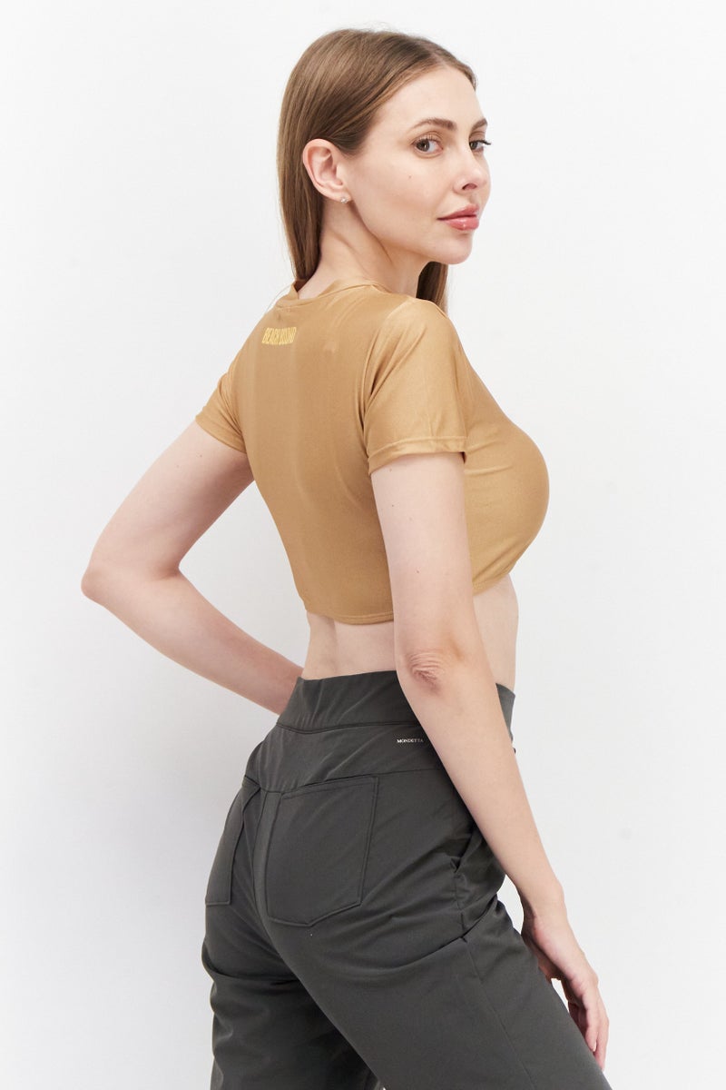 PUBLIC DESIRE Women Round Neck Short Sleeve Plain Crop Top, Tan - Image 2