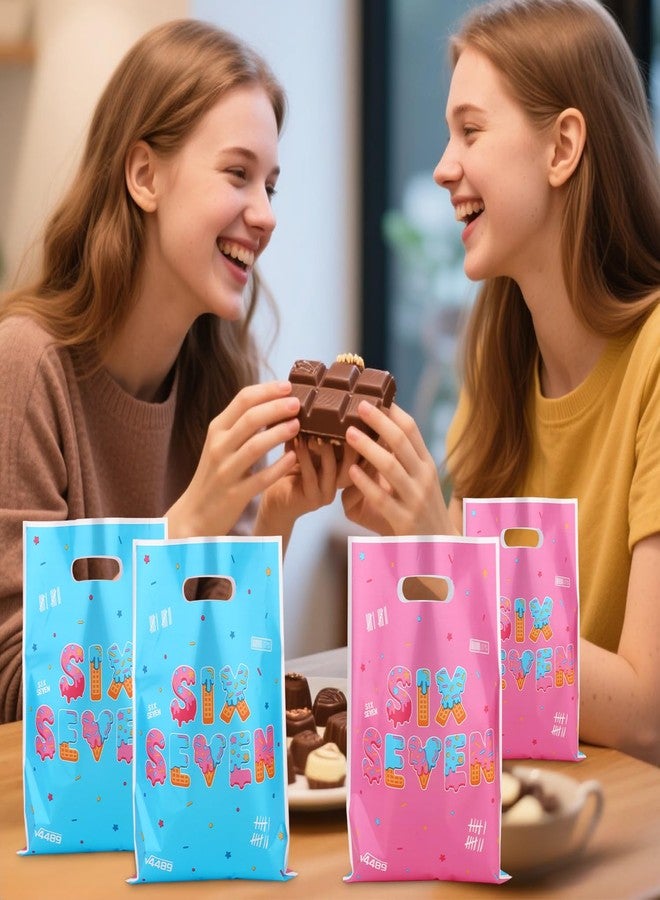 Fukaisu 50pcs 6 7 Gift Bags for 6 7 Birthday Decorations, Six Seven Meme 67 Party Favor Goodie Bags with Handles, Double-Sided Pattern, Blue-Pink Birthday Party Bag for Packing Snacks Candy Supplies - Image 4