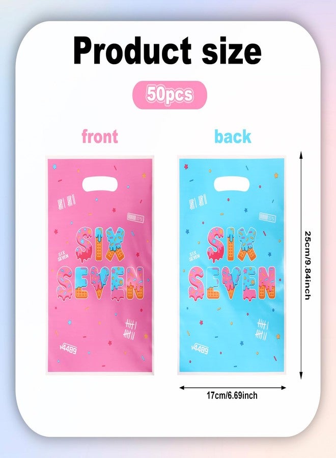 Fukaisu 50pcs 6 7 Gift Bags for 6 7 Birthday Decorations, Six Seven Meme 67 Party Favor Goodie Bags with Handles, Double-Sided Pattern, Blue-Pink Birthday Party Bag for Packing Snacks Candy Supplies - Image 2