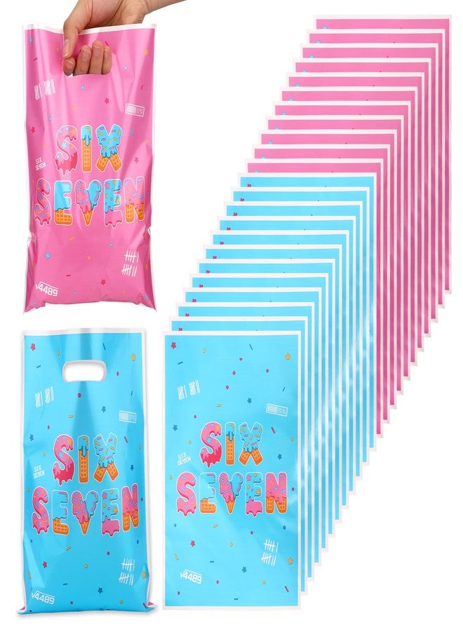 Fukaisu 50pcs 6 7 Gift Bags for 6 7 Birthday Decorations, Six Seven Meme 67 Party Favor Goodie Bags with Handles, Double-Sided Pattern, Blue-Pink Birthday Party Bag for Packing Snacks Candy Supplies - Image 1