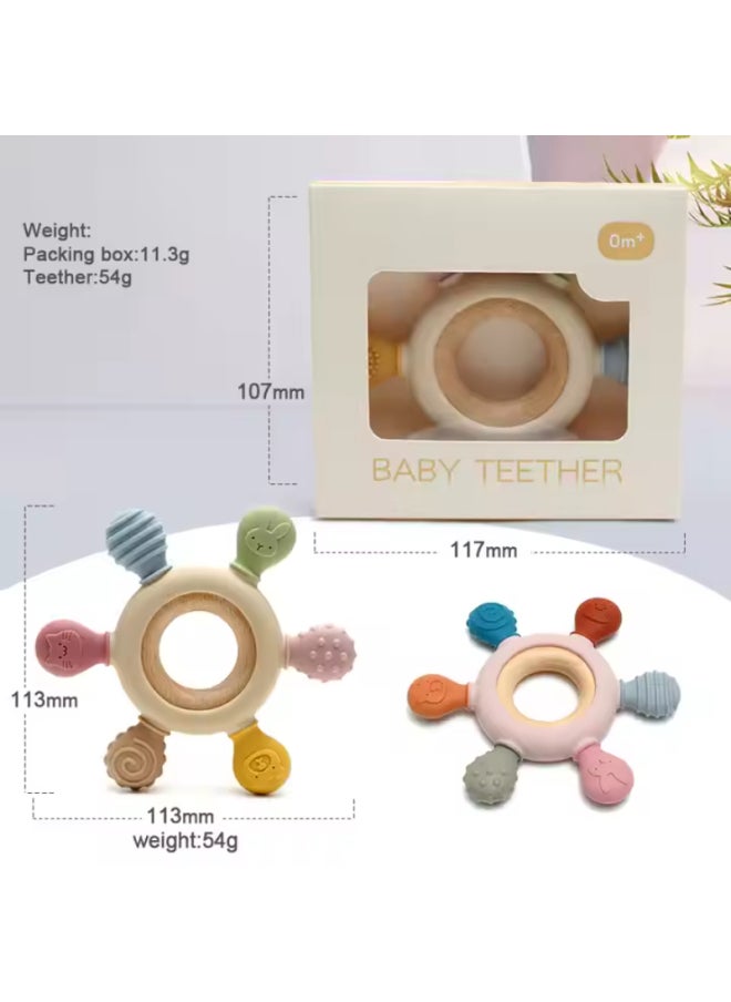 null - عضاضة أطفال مصنوعة من السيليكون والخشب خالية من مادة BPA - مناسبة لكل الاعمار - 10.7x3x11.7 سم - زهري - Image 1