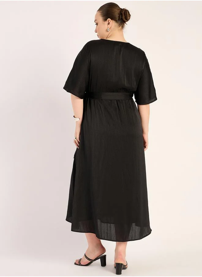 Femmella Plus Size Self Striped Front Slit Detail A-Line Midi Dress by Styli
