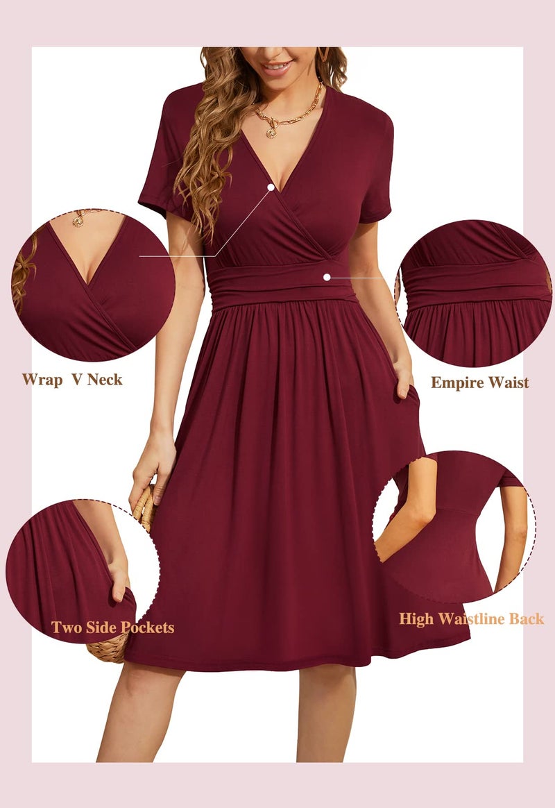 WEACZZY Sundresses for Women Casual Summer Dresses Wrap V Neck Empire Waist Knee Length Dress,Silhouette Black Pink,L - Image 5