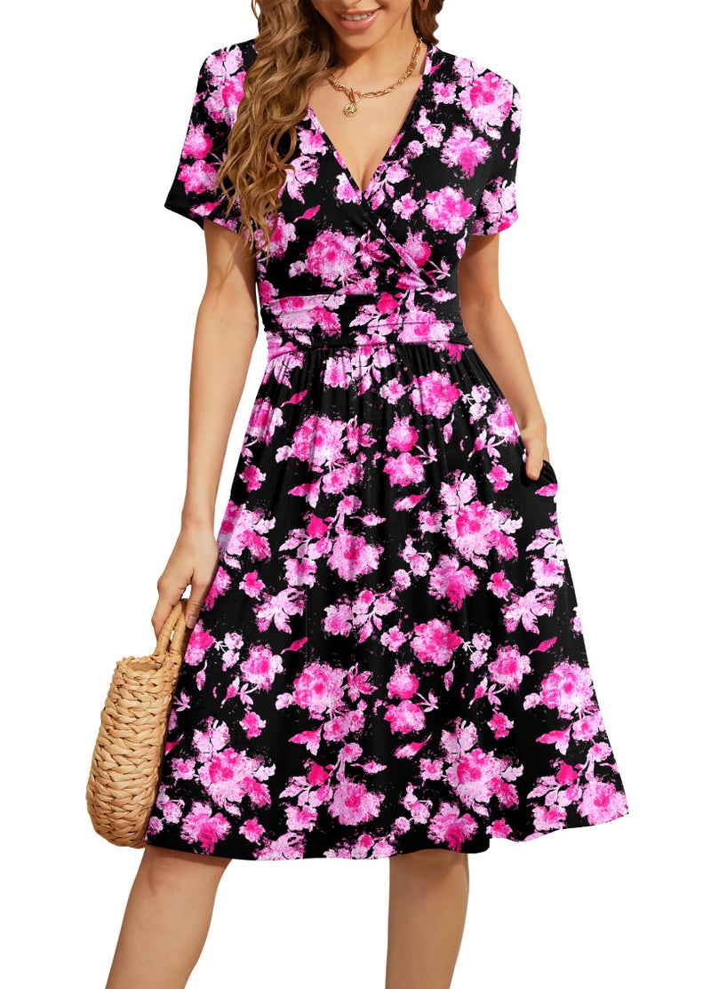 WEACZZY Sundresses for Women Casual Summer Dresses Wrap V Neck Empire Waist Knee Length Dress,Silhouette Black Pink,L - Image 1