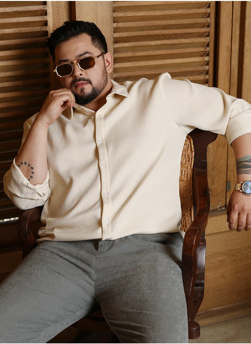 انستافاب بلس Instafab Plus Men's Ivory White Weave-Textured Shirt For Casual Wear | Spread Collar | Long Cuffed Sleeves | Button Closure | Plus Size Shirt Crafted With Comfort Fit For Everyday Wear