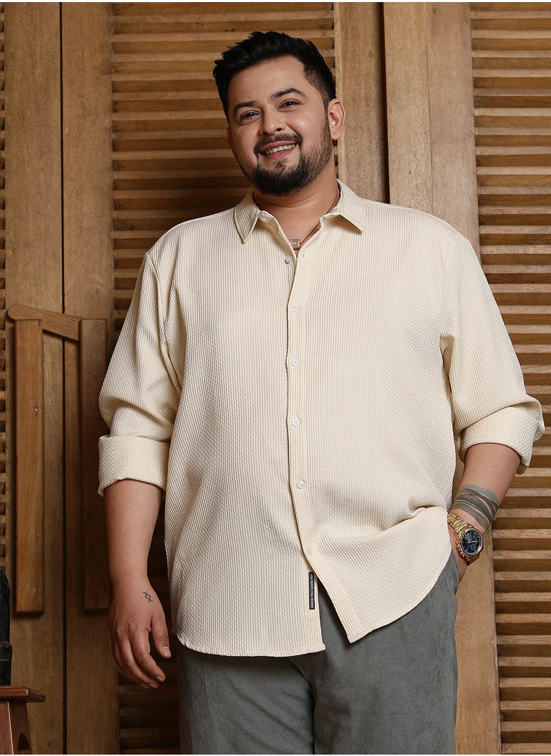 انستافاب بلس Instafab Plus Men's Ivory White Weave-Textured Shirt For Casual Wear | Spread Collar | Long Cuffed Sleeves | Button Closure | Plus Size Shirt Crafted With Comfort Fit For Everyday Wear