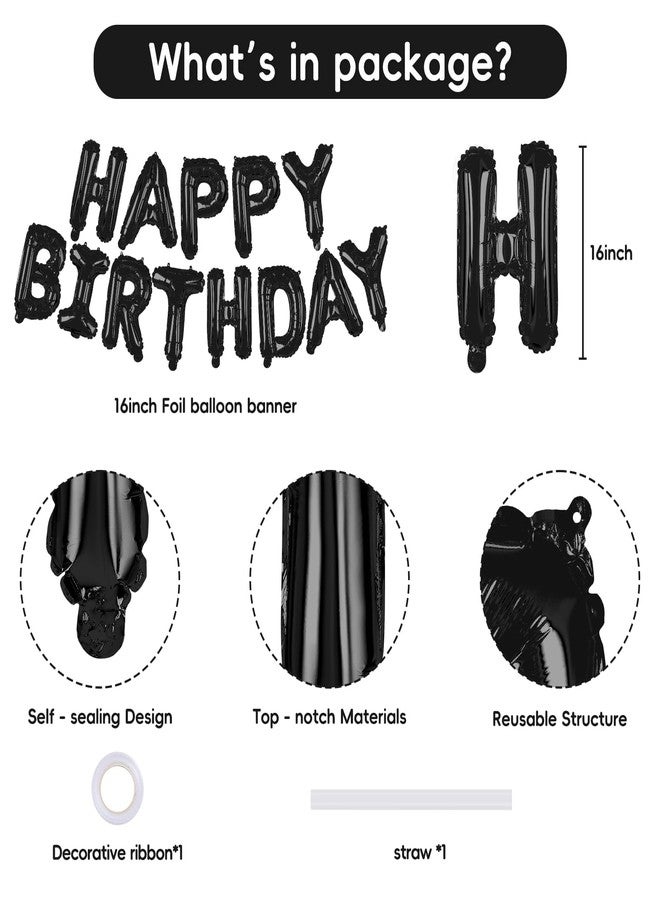 EMART Black Happy Birthday Banner Balloons 16 Inch Mylar Foil Letters Birthday Sign Bunting Reusable for Girls Boys Kids & Adults Birthday Decorations and Halloween Party Supplies - Image 2