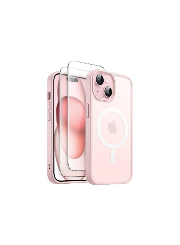 جي تيك حافظة JETech مغناطيسية 3 في 1 لهاتف iPhone 15 Plus مقاس 6.7 بوصة مع واقي شاشة من الزجاج المقسى، متوافق مع MagSafe، غطاء هاتف خلفي شفاف غير لامع مقاوم للصدمات (وردي) - Image 1