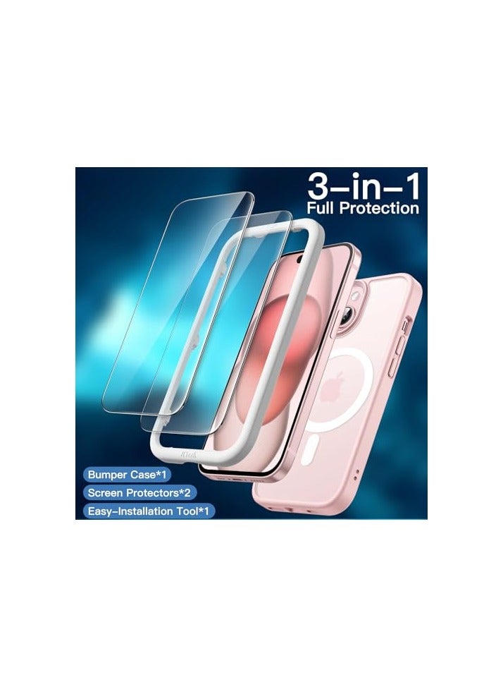 جي تيك حافظة JETech مغناطيسية 3 في 1 لهاتف iPhone 15 Plus مقاس 6.7 بوصة مع واقي شاشة من الزجاج المقسى، متوافق مع MagSafe، غطاء هاتف خلفي شفاف غير لامع مقاوم للصدمات (وردي) - Image 4