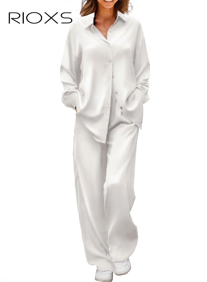 RIOXS Women's White Pajama Set, Button-Down Stand Collar Top with Pockets, Flowy Wide-Leg Lounge Pants, Elastic Waist Sleepwear, Soft Long Sleeve Loungewear for Home, Comfortable Two-Piece Outfit - Image 4