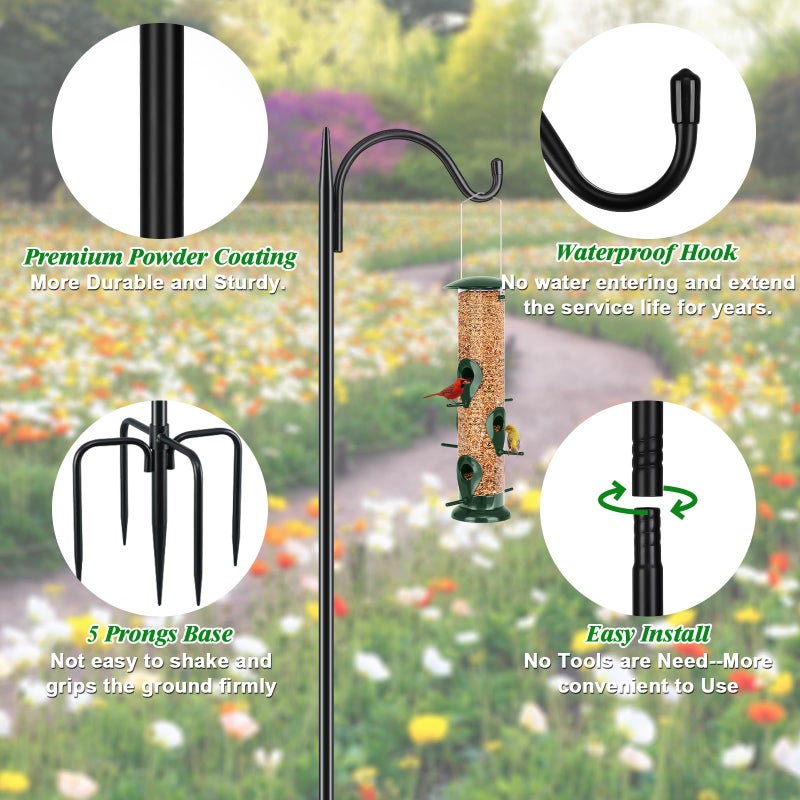 FEED GARDEN Adjustable Outdoor Shepherd Hook Bird Feeder Pole with 5 Prongs Base, 60 Inch Tall 5/8 Inch Thick, Heavy Duty Shepard Hook Stand for Hanging Bird Feeders, Plant Baskets, Black (1 Pack) - Image 3