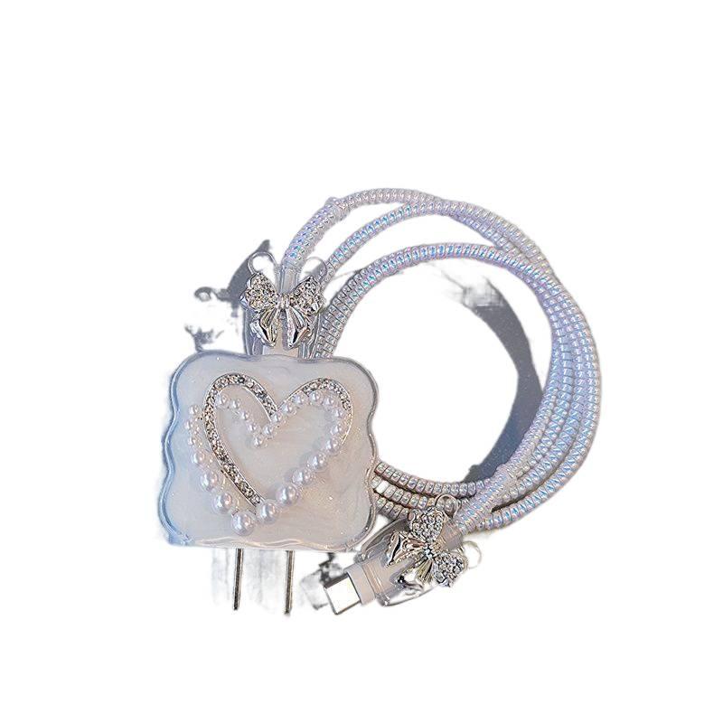 20W Charger Head and Cable End Protector Set with Cute Style in Silver with Decorative Design Anti Bend Protection and Daily Cable Care - Lilac Ribbon - Image 4