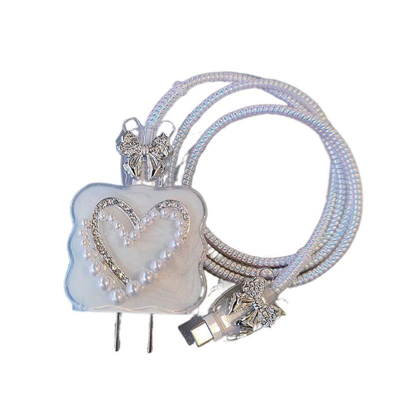 20W Charger Head and Cable End Protector Set with Cute Style in Silver with Decorative Design Anti Bend Protection and Daily Cable Care - Lilac Ribbon - Image 1