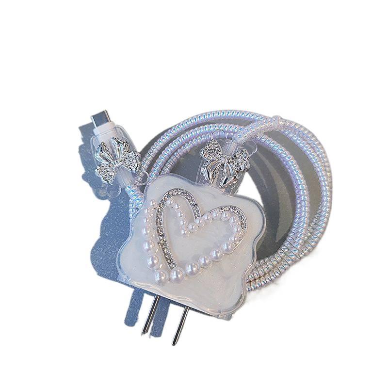 20W Charger Head and Cable End Protector Set with Cute Style in Silver with Decorative Design Anti Bend Protection and Daily Cable Care - Lilac Ribbon - Image 3