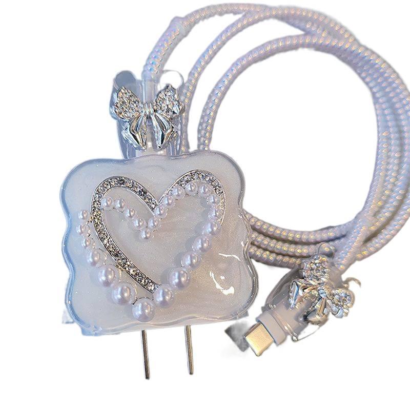 20W Charger Head and Cable End Protector Set with Cute Style in Silver with Decorative Design Anti Bend Protection and Daily Cable Care - Lilac Ribbon - Image 2