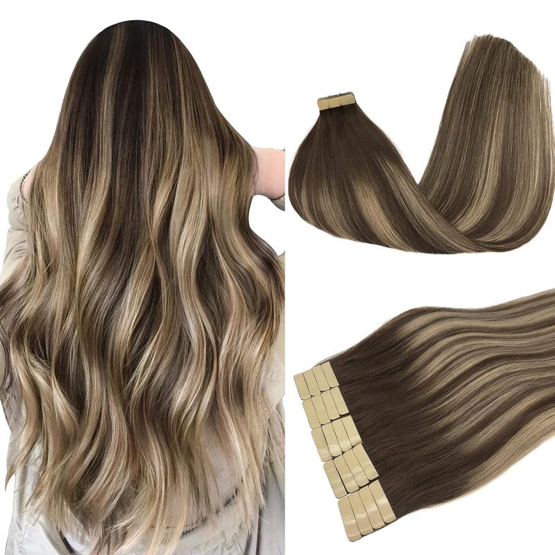DOORES Tape in Human Hair Extensions Remy Balayage Chocolate Brown to Honey Blonde 18 Inch 20pcs 50g Real Tape in Straight Skin Weft Natural