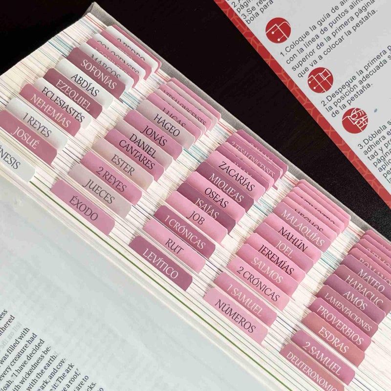 thinkor Spanish Laminated Bible Tabs, pestaÃ±as para biblia en espaÃ±ol, Reposition Large Print Stickers, Easy to Read and Apply Bible Tabs for Women and Man (Spanish Pink) - Image 1