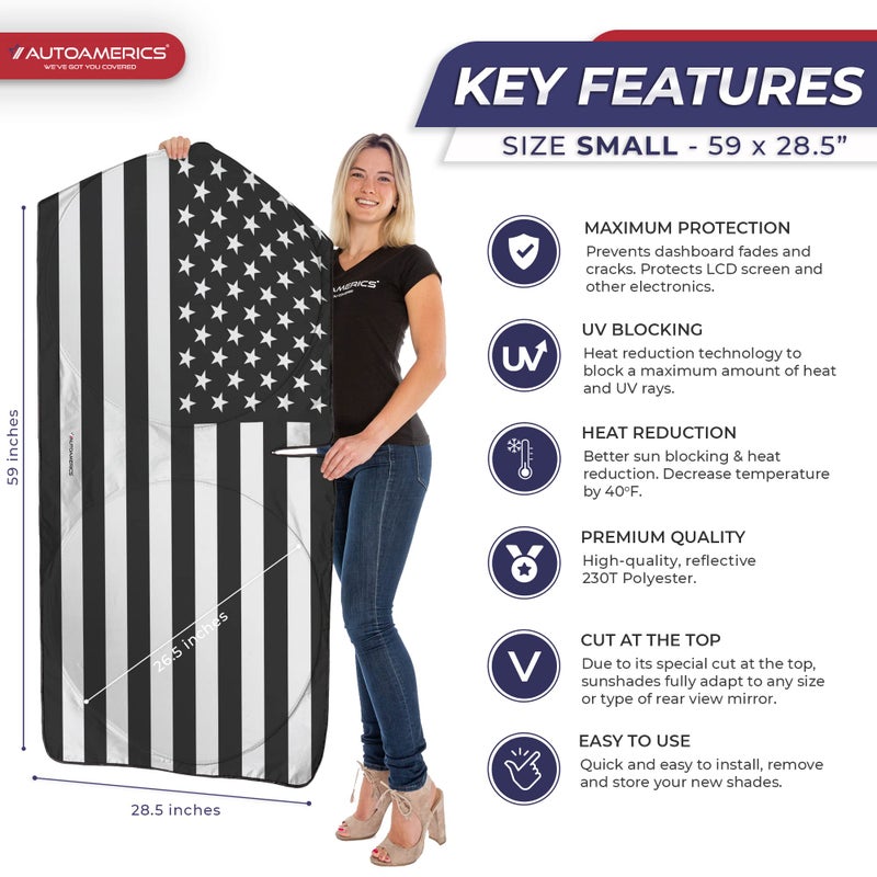 Autoamerics 1-Piece Windshield Sun Shade B&W American Flag USA Patriotic Design - Foldable Car Front Window Sunshade for Most Sedans SUV Truck - Blocks Max UV Rays and Keeps Your Vehicle Cool - Small - Image 2