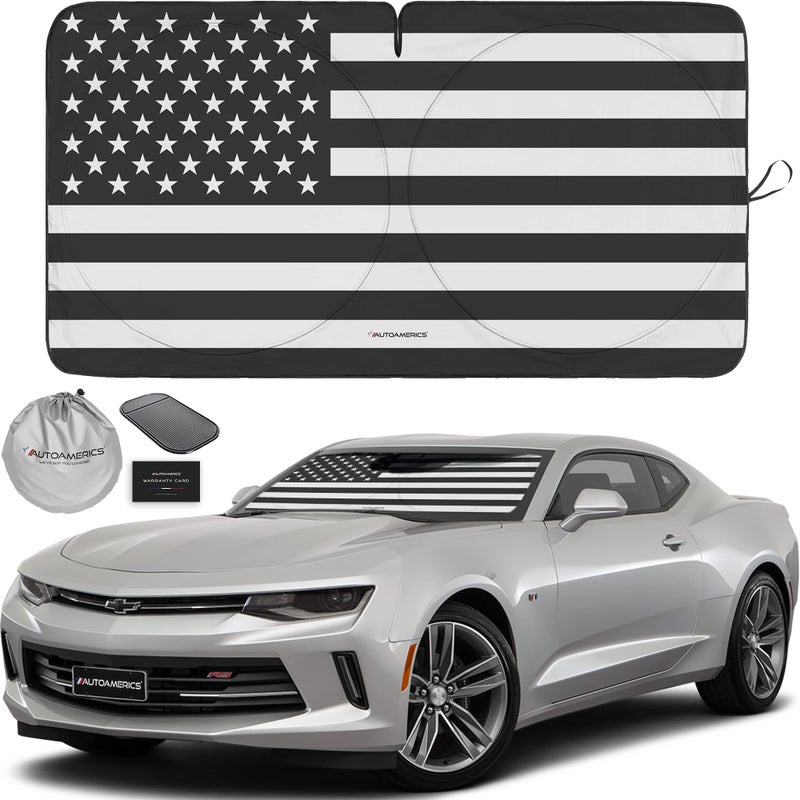 Autoamerics 1-Piece Windshield Sun Shade B&W American Flag USA Patriotic Design - Foldable Car Front Window Sunshade for Most Sedans SUV Truck - Blocks Max UV Rays and Keeps Your Vehicle Cool - Small - Image 1