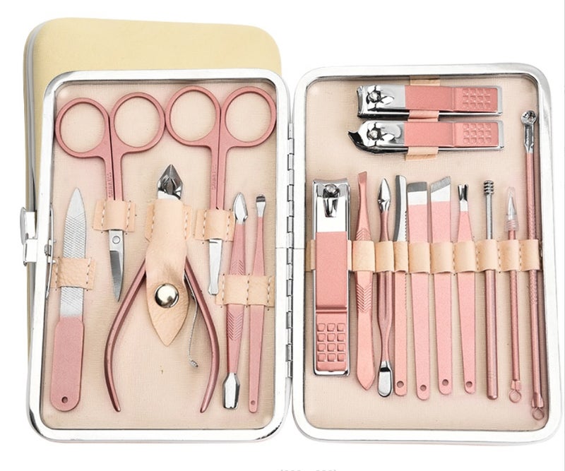 18pcs Manicure Set Nail Clippers Pedicure Kit Stainless Steel Manicure Grooming Kit Nail Care Tools with Leather Travel Case - Image 1