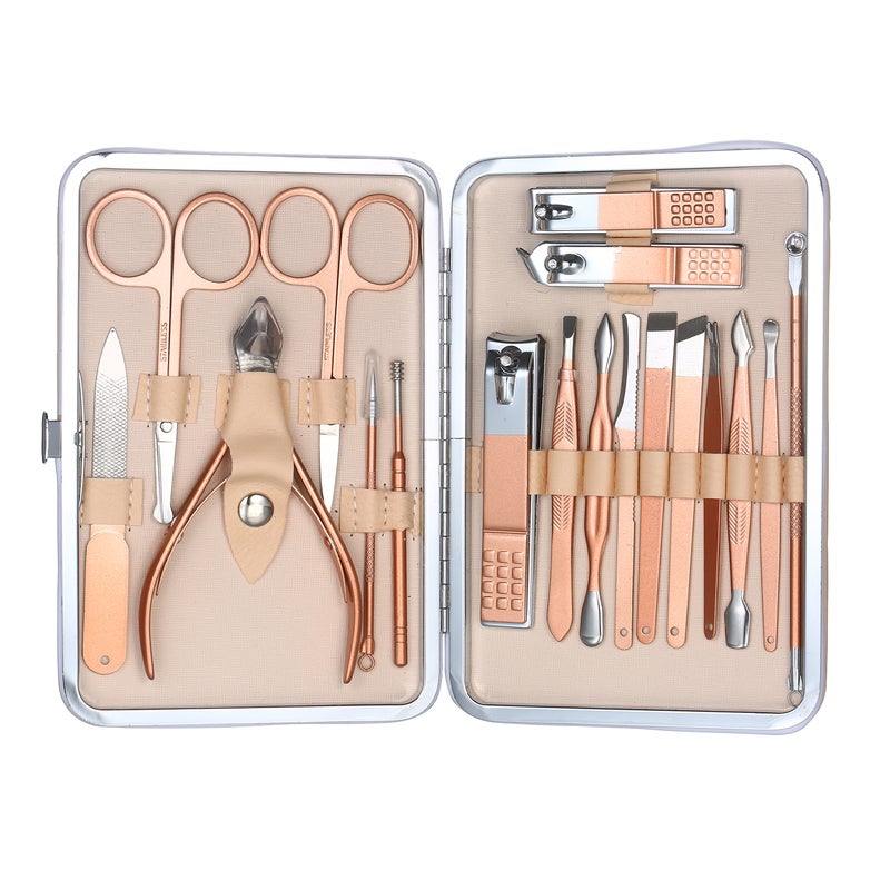 18pcs Manicure Set Nail Clippers Pedicure Kit Stainless Steel Manicure Grooming Kit Nail Care Tools with Leather Travel Case - Image 2