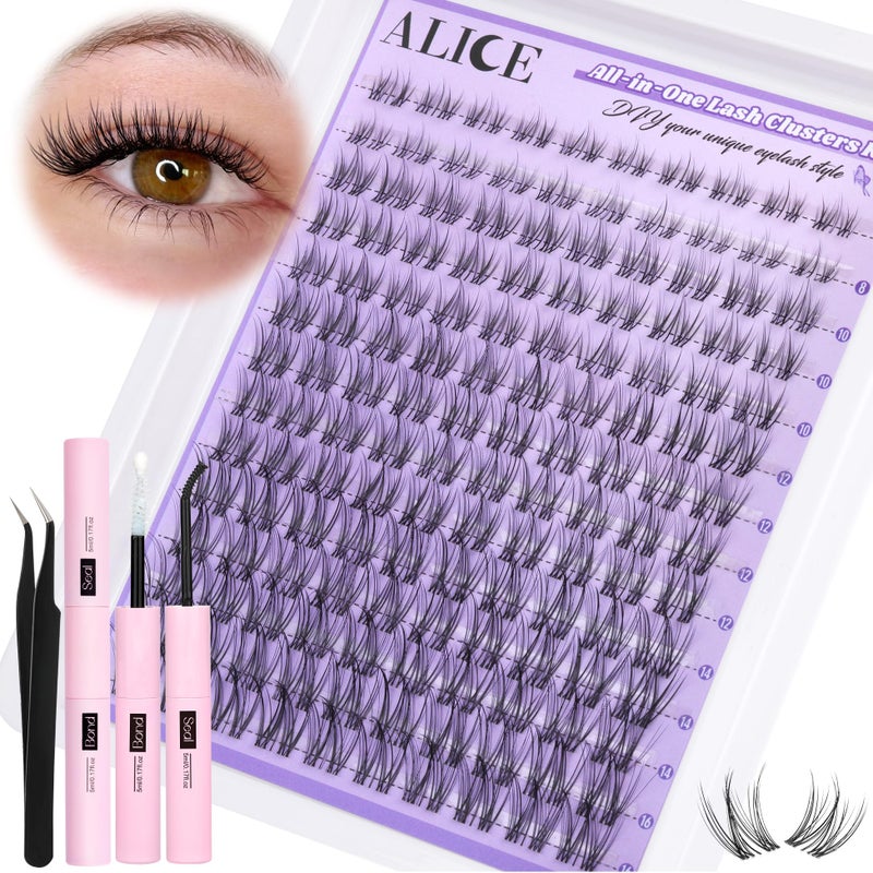 ALICE Cluster Eyelash Extension Kit Natural Wispy Lash Clusters Kit Lash Extension Kit Clear Band 168pcs C-Curly 11-13mm Individual Lashes with Lash Glue Bond and Seal Self Application at Home - Image 1