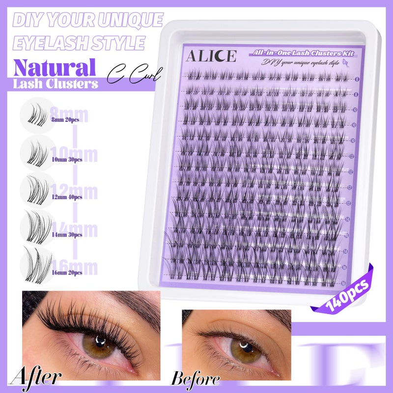 ALICE Cluster Eyelash Extension Kit Natural Wispy Lash Clusters Kit Lash Extension Kit Clear Band 168pcs C-Curly 11-13mm Individual Lashes with Lash Glue Bond and Seal Self Application at Home - Image 3