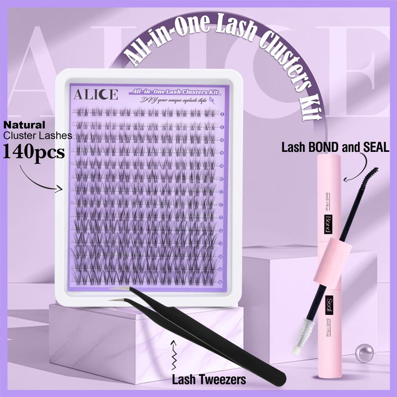 ALICE Cluster Eyelash Extension Kit Natural Wispy Lash Clusters Kit Lash Extension Kit Clear Band 168pcs C-Curly 11-13mm Individual Lashes with Lash Glue Bond and Seal Self Application at Home - Image 2