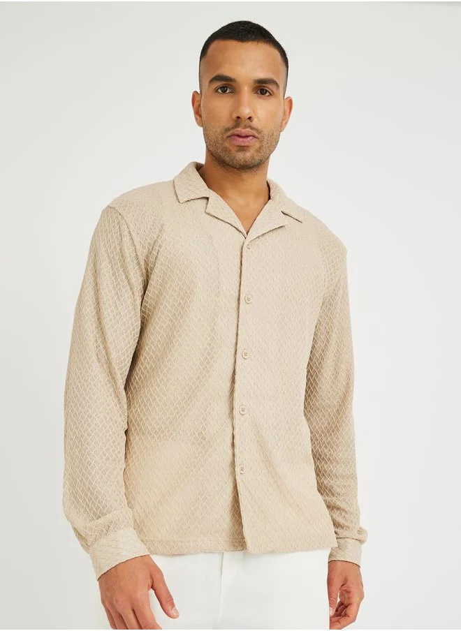 Styli Styli Men Beige Crochet Textured Resort Collar Relaxed Fit Shirt