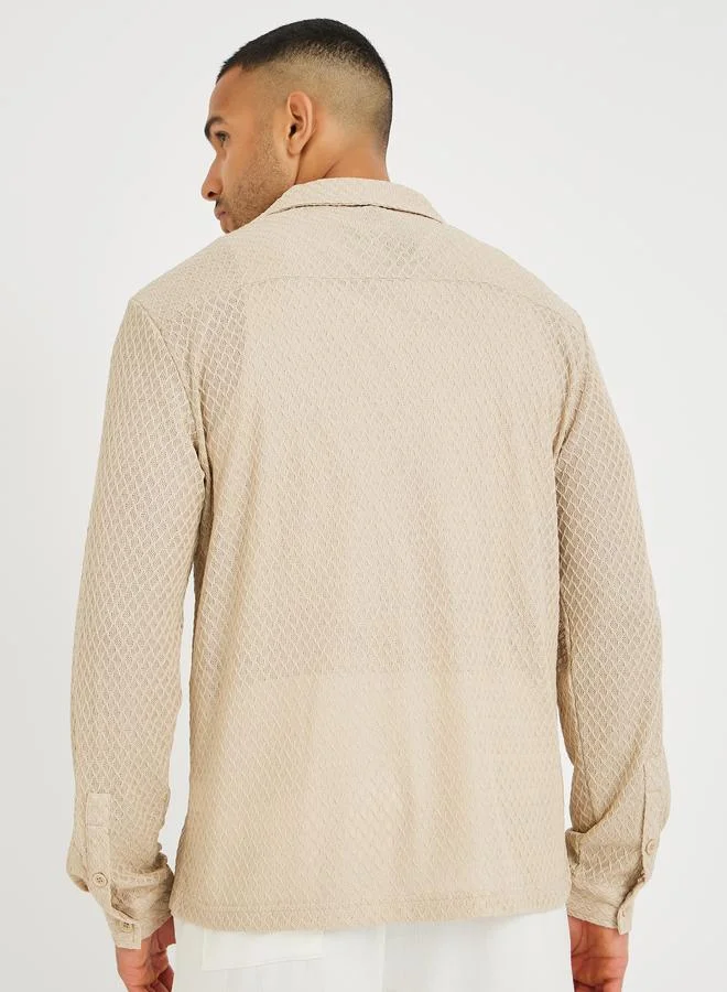 Styli Styli Men Beige Crochet Textured Resort Collar Relaxed Fit Shirt