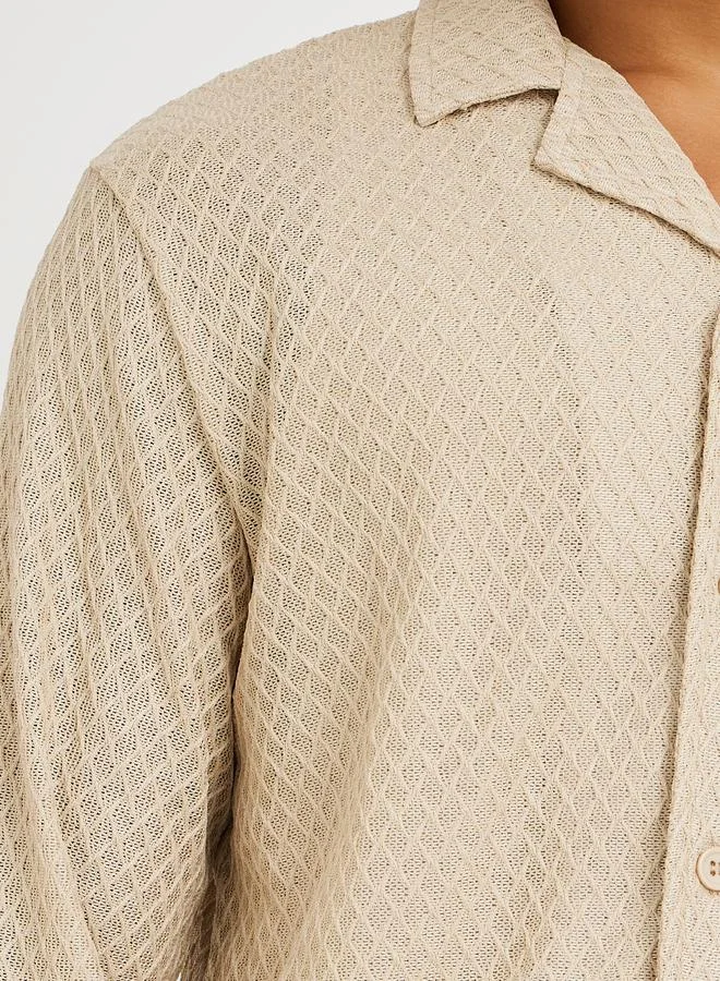 Styli Styli Men Beige Crochet Textured Resort Collar Relaxed Fit Shirt