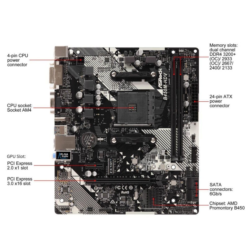 ASRock B450M-HDV R4.0 AMD B450 AM4 Socket Ryzen 2000 - 5000 Processors DDR4 3200 64GB HDMI DVI-D D-Sub Motherboard SATA 6Gb/s Micro ATX M.2 - Image 1