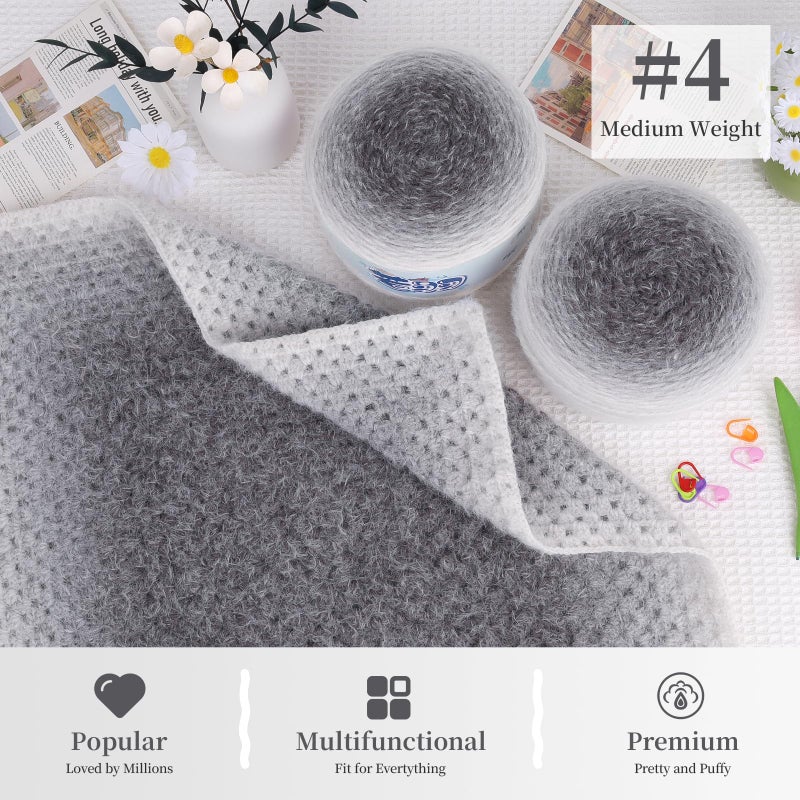 Aeelike Yarn for Crocheting, 4 Super Soft Gradient Yarn 190g (6.7 oz) 400m (437.5 Yards) Extra Large Rainbow Yarns Skeins for DIY Making Colorful Blanket Scarves Hat, Ink Grey - Image 2
