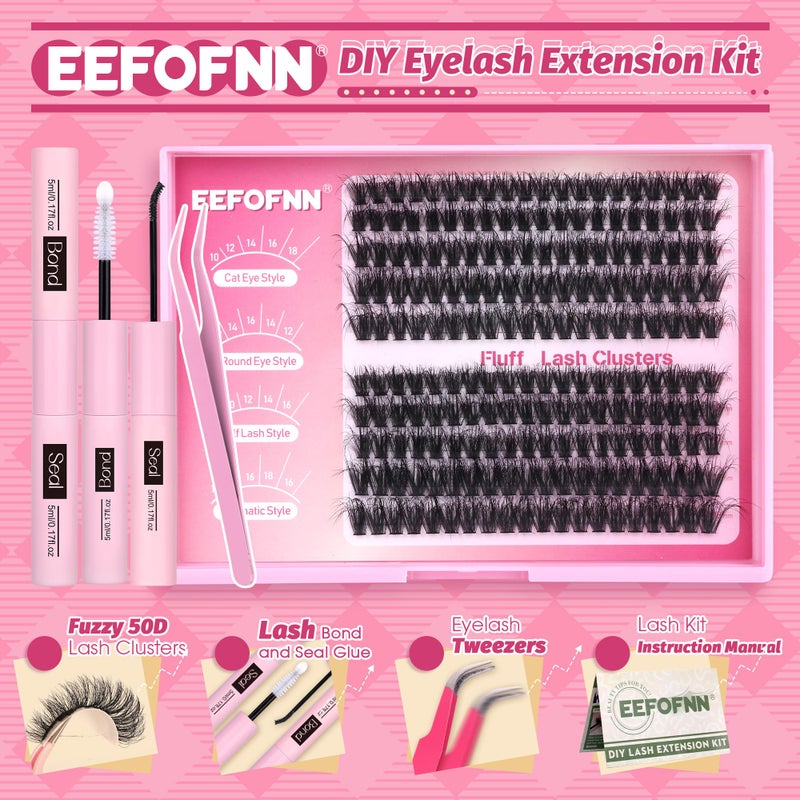 Eefofnn DIY Lash Extension Kit Fuzzy Mink Cluster Lashes Kit Natural Volume Eyelashes Extensions with Lash Bond and Seal Tweezers 50D Eyelash Clusters 10-18MM Fluttery Individual Lashes Extension Kit - Image 3