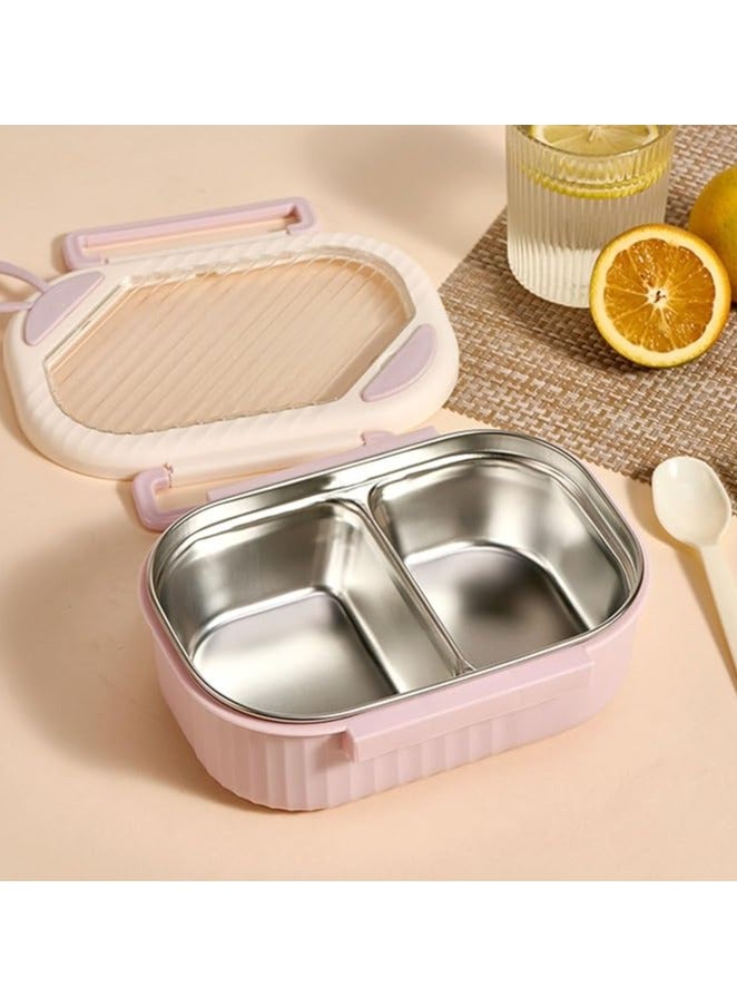 TYCOM Stainless Steel Lunch Box for Kid School Insulated Bento Lunch Box 2 Compartment Divided Lunch Containers with Lids Leakproof BFA Free Dishwasher Safe Strip Pink.