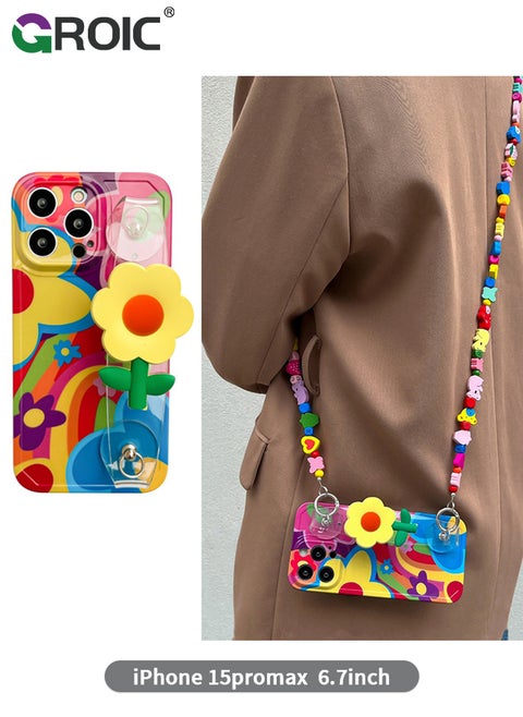 Compatible with iPhone 15 Pro Max Case 6.7 Inch,Crossbody Phone Cover with Strap and Wrist Band Kickstand, Unique Cute Kawaii Colorful Painting Flowers Design Phone Shell for iPhone 15 Pro Max