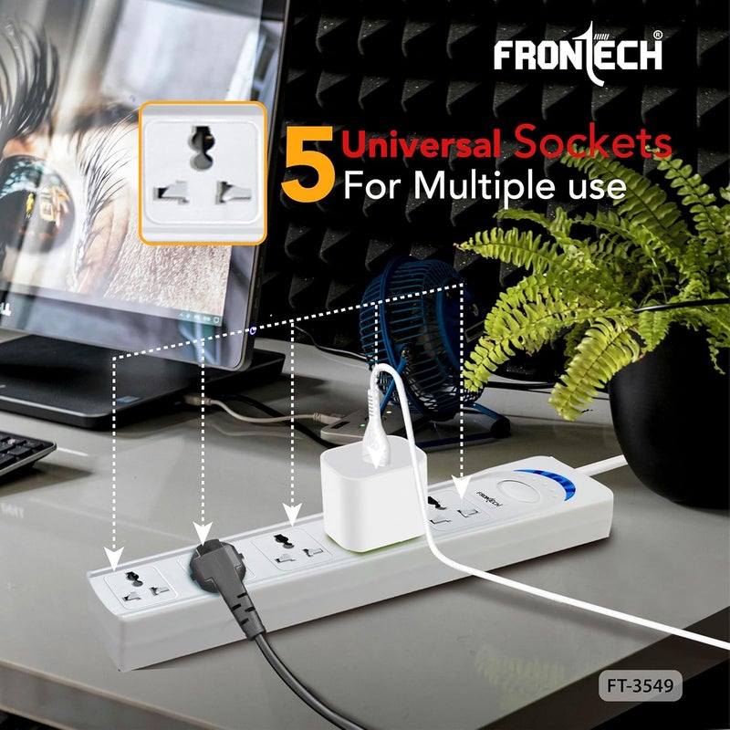 FRONTECH FT-3549 Power Extension Board with 5 Universal Sockets & 5M Cable | 2500W Power Strip with Over Voltage Protection, Safety Door & One Button Control | Wall Mountable Extension Cord(FT-3549) - Image 3
