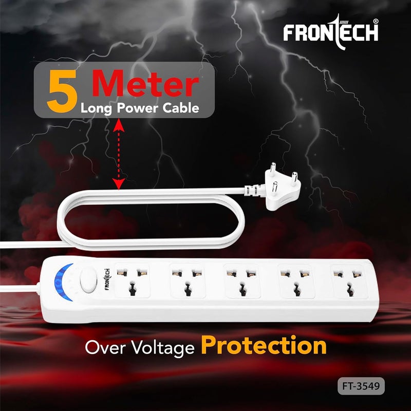FRONTECH FT-3549 Power Extension Board with 5 Universal Sockets & 5M Cable | 2500W Power Strip with Over Voltage Protection, Safety Door & One Button Control | Wall Mountable Extension Cord(FT-3549) - Image 5