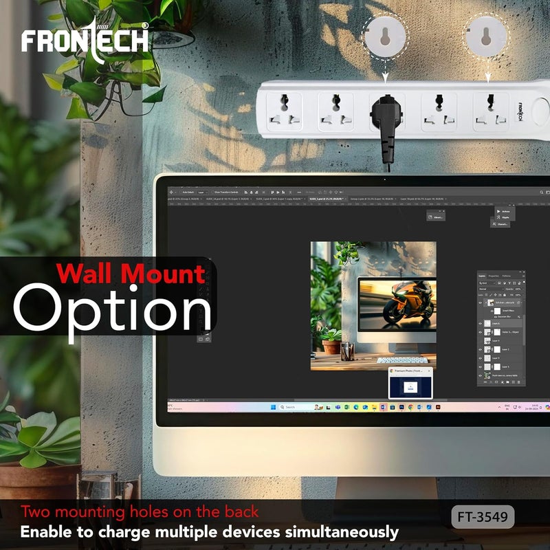 FRONTECH FT-3549 Power Extension Board with 5 Universal Sockets & 5M Cable | 2500W Power Strip with Over Voltage Protection, Safety Door & One Button Control | Wall Mountable Extension Cord(FT-3549) - Image 4