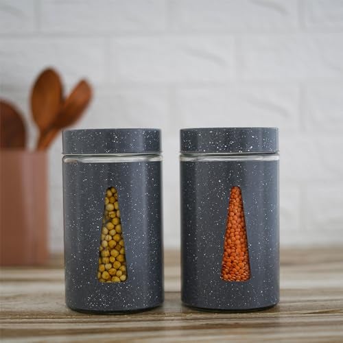 Femora Airtight Glass Jars 1000ml Set of 2 | Triangular Window Design | Carbon Steel Body | BPA Free & Food Grade | 1 Year Lid Warranty | For Snacks, Masala, Spice, Pickle, Cookies | Grey - Image 1