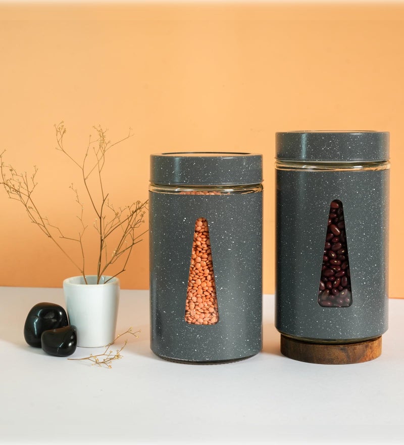 Femora Airtight Glass Jars 1000ml Set of 2 | Triangular Window Design | Carbon Steel Body | BPA Free & Food Grade | 1 Year Lid Warranty | For Snacks, Masala, Spice, Pickle, Cookies | Grey - Image 2