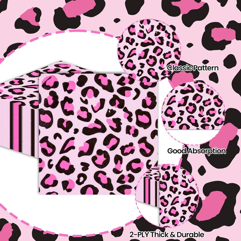 LDFDRT Pink cheetah print napkins Paper Napkins Disposable Women Girls leopard Cocktail Napkins Happy Birthday Party Supplies for Baby Shower Weddings,Birthday,Bar Party Favors - Image 2
