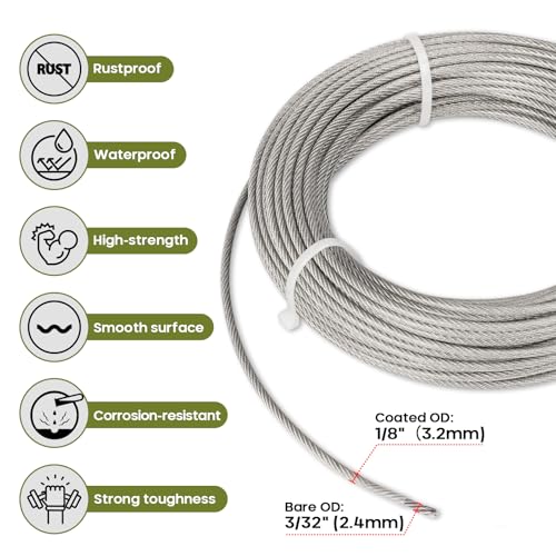 TooTaci 1/8" Sun Shade Sails Cable Wire Rope, 50ft Vinyl Coated Steel Cable, 1/8 Wire Rope for Triangle/Rectangle Sun Shade Sail Hardware, with Crimping Loops & Thimbles for Outdoor Garden Patio - Image 2