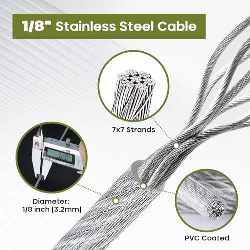TooTaci 1/8" Sun Shade Sails Cable Wire Rope, 50ft Vinyl Coated Steel Cable, 1/8 Wire Rope for Triangle/Rectangle Sun Shade Sail Hardware, with Crimping Loops & Thimbles for Outdoor Garden Patio - Image 3