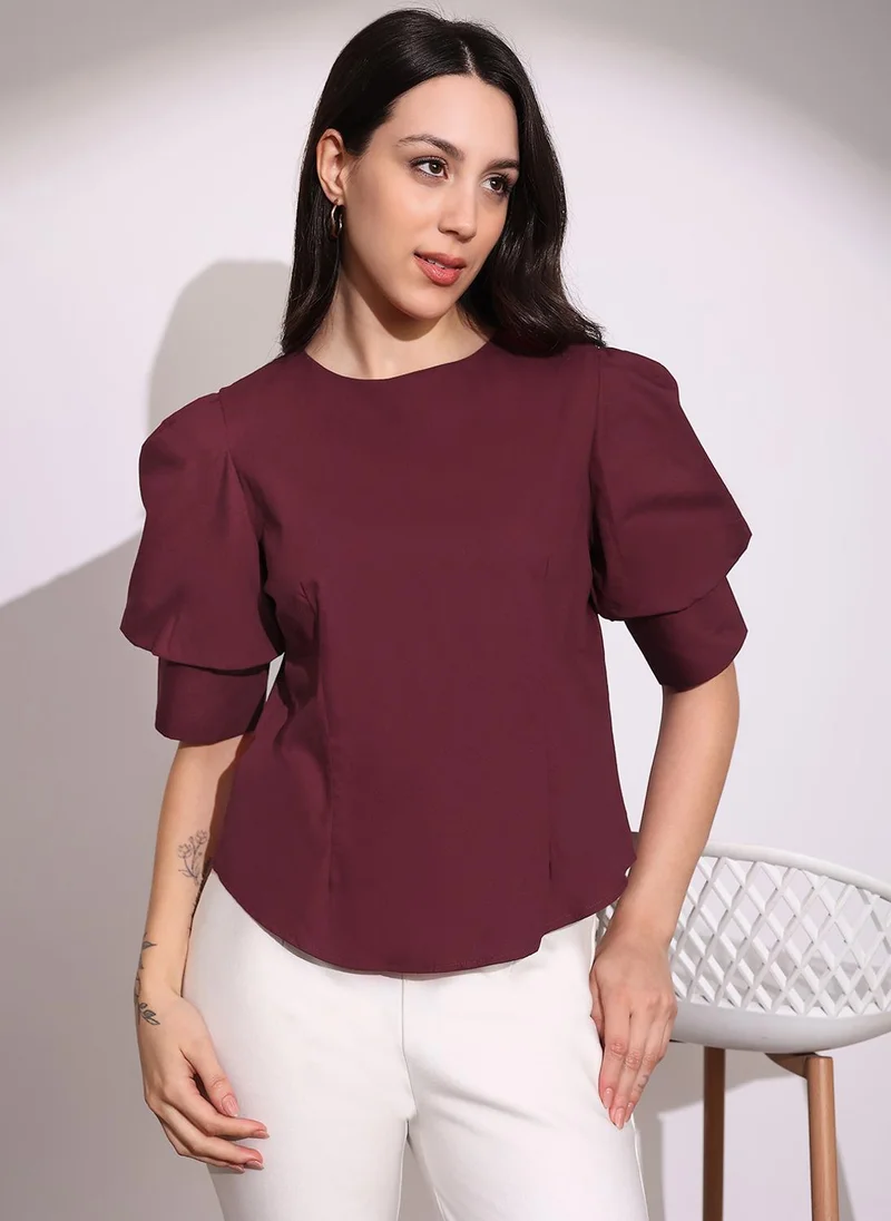 globus Globus Women Maroon Puff Sleeve Round Neck Back Button Shirt Style Workwear Top