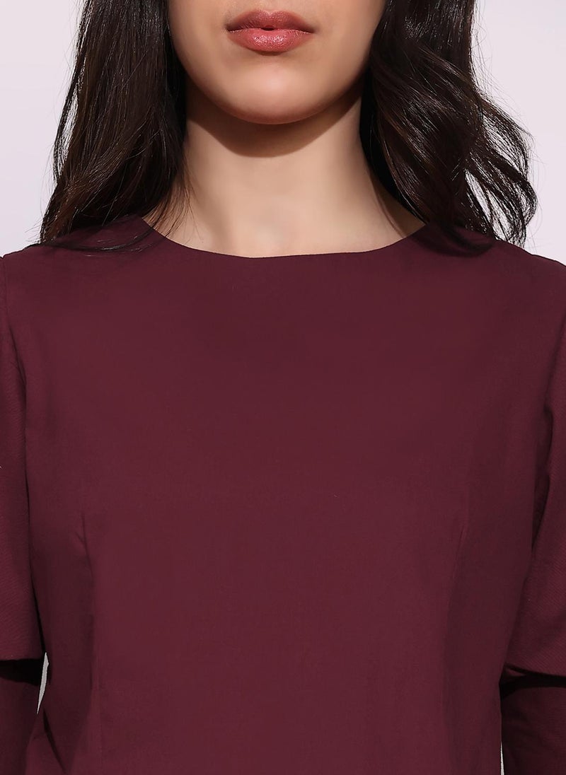 جلو باص بلوزة نسائية مارون بأكمام منتفخة ورقبة مستديرة وأزرار خلفية للعمل - Image 5
