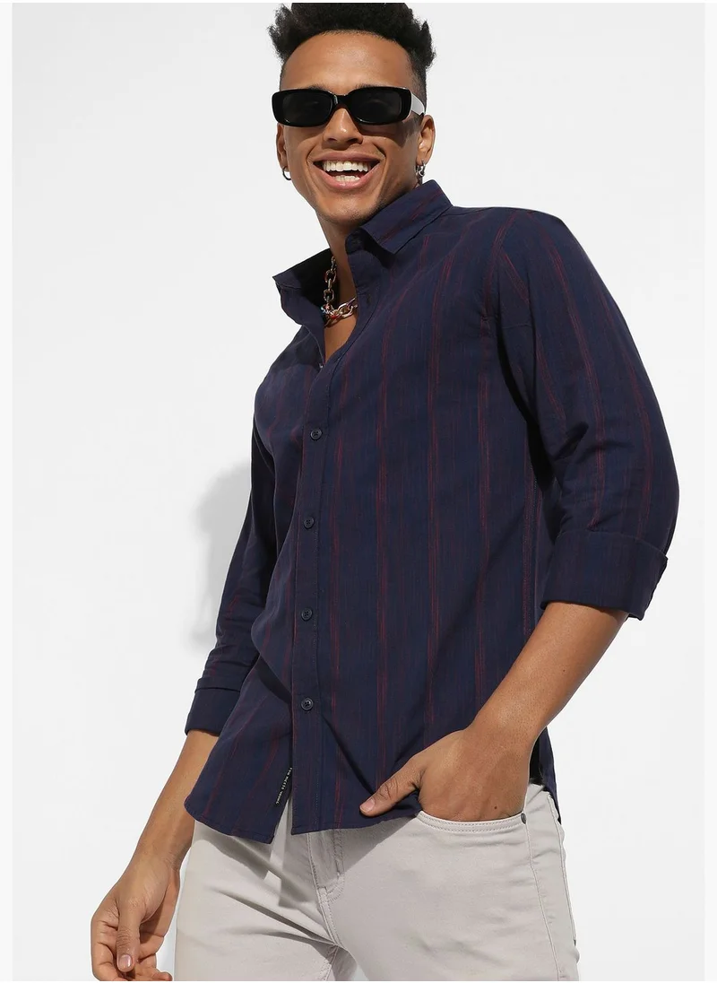 Campus Sutra Striped Spread Collar Long Sleeve Shirt