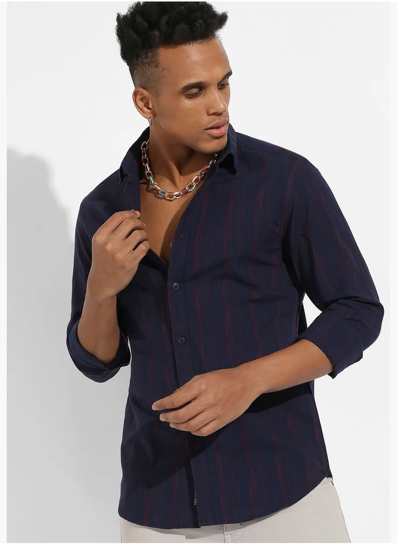 Campus Sutra Striped Spread Collar Long Sleeve Shirt